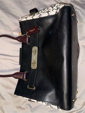 Coach Swagger Carryall Black Leather Satchel with Snake-Print Trim